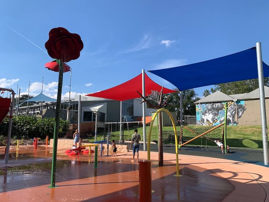 Multiple water sprinkles and a fantastic big water bucket splash @ Benalla Splash Park.