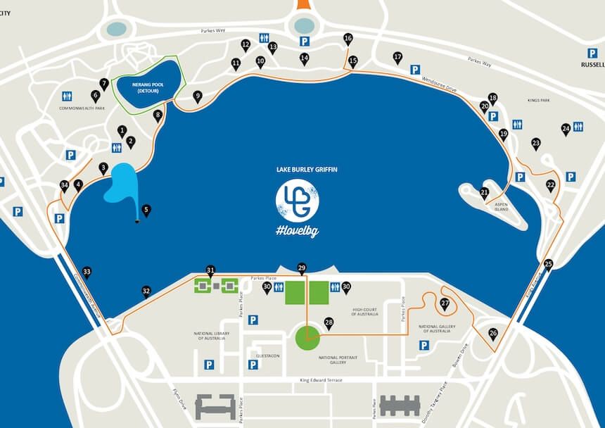 Bridge to Bridge Walk Canberra - Lake Burley Griffin walk map.