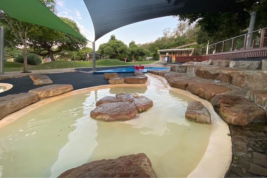 Rocks Riverside Park in Brisbane with water play for kids of all ages.