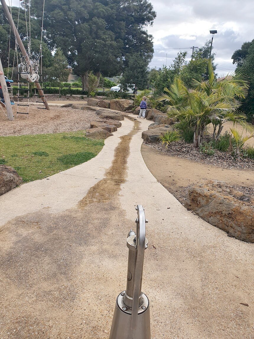 Modern play equipment & water play @ Sunvale Community Park Playground, Melbourne Western suburbs.