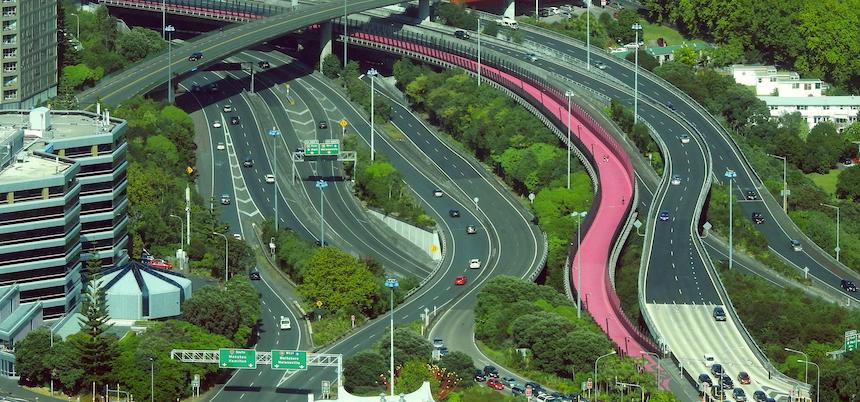 The Lightpath, the Pink Bridge in Auckland. The view from the drone.