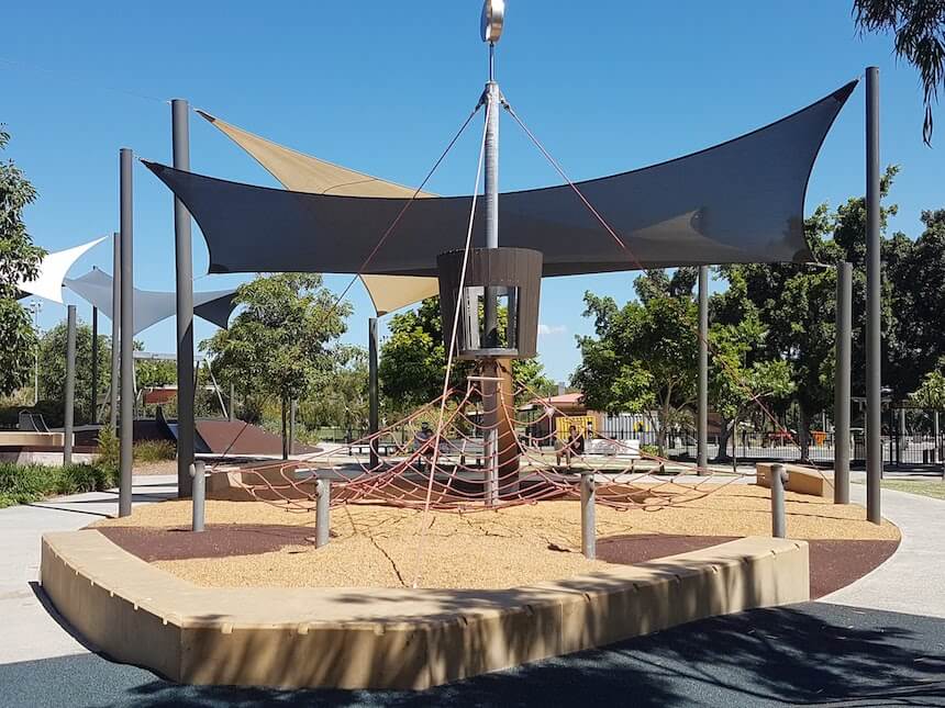 A large fenced children's playground in Brisbane@ Whites Hill Reserve.