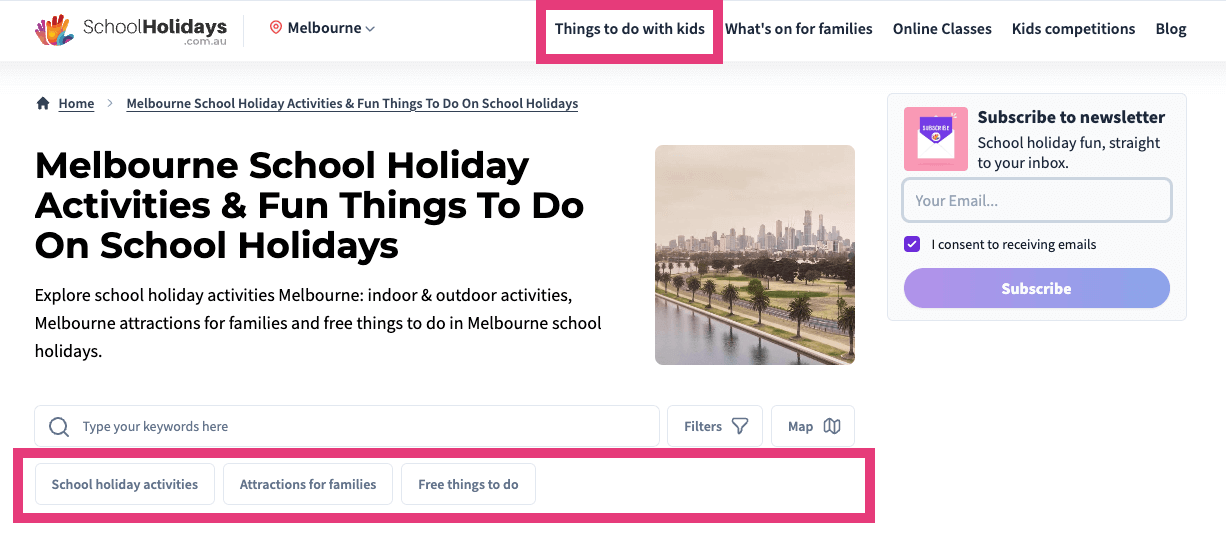 Navigate more easily through School holiday activities, Attractions for families, and Free things to do near you.